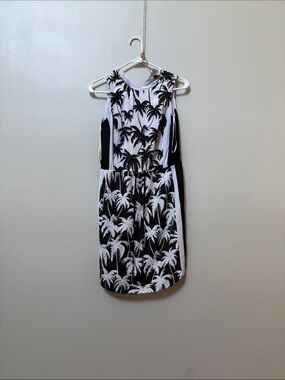 Vince Camuto Black and White Palm-Print Midi Dress